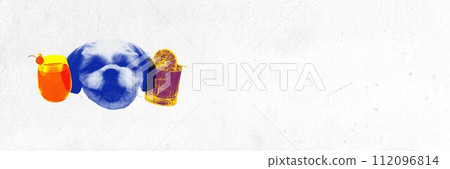 Funny muzzle of little purebred dog with colorful cocktail against textured background. Contemporary art collage. Funny muzzle of little purebred dog with colorful cocktail against textured background. Contemporary art collage. 112096814