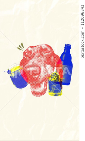Pop art style dog muzzle with cocktail and bottle against textured background. Vertical poster. Contemporary art collage. Pop art style dog muzzle with cocktail and bottle against textured background. Vertical poster. Contemporary art collage. 112096843