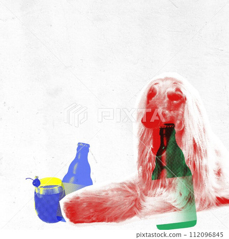 Monochrome purebred dog with beer bottle and cocktail glass against light textured background. Contemporary art collage. 112096845