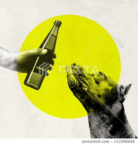 Purebred dog looking at beer bottle against yellow circle background. Contemporary art collage. 112096848