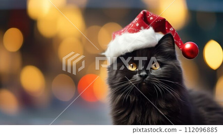 AI-generated content. Cute black cat in Santa hat on golden bokeh background, selective focus. 112096885