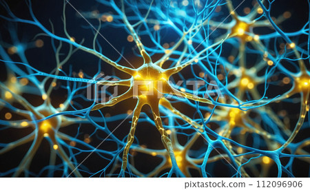 Close-up of a neuron or nerve cell integrated in the neuronal network and sending and transmitting impulses 112096906