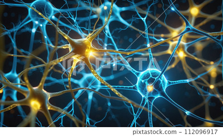 Close-up of a neuron or nerve cell integrated in the neuronal network and sending and transmitting impulses Close-up of a neuron or nerve cell integrated in the neuronal network and sending and transmitting impulses 112096917