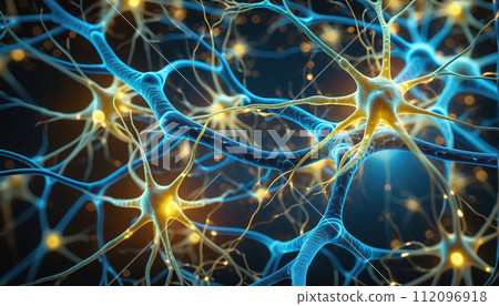 Close-up of a neuron or nerve cell integrated in the neuronal network and sending and transmitting impulses Close-up of a neuron or nerve cell integrated in the neuronal network and sending and transmitting impulses 112096918