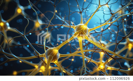 Close-up of a neuron or nerve cell integrated in the neuronal network and sending and transmitting impulses Close-up of a neuron or nerve cell integrated in the neuronal network and sending and transmitting impulses 112096926