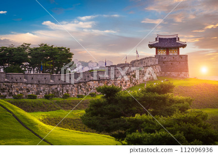 Hwaseong Fortress in Sunset, Traditional Architecture of Korea at Suwon, South Korea. 112096936