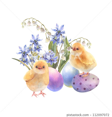 Happy Easter illustration, Chicken with colorful eggs and spring flowers, hand drawn watercolor illustration. Vintage style. Drawing on isolated white background for greeting cards or invitations 112097072