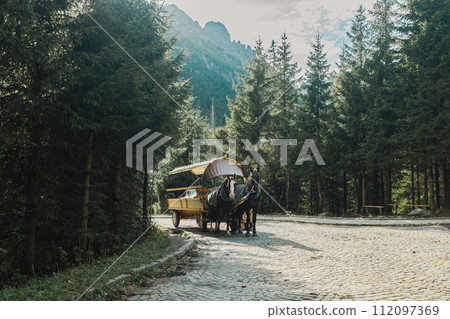 National Park in the Tatra Mountains, Dolina Rybiego Potoku, Wlosienica near Zakopane, horse carts ride, transport to Morskie Oko alpine lake attraction for lazy tourist. National Park in the Tatra Mountains, Dolina Rybiego Potoku, Wlosienica near Zakopane, horse carts ride, transport to Morskie Oko alpine lake attraction for lazy tourist. 112097369