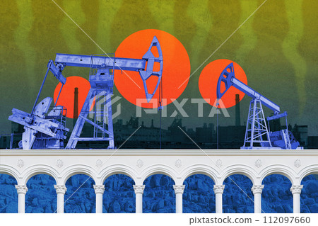 Surreal collage. Classic architecture and industrial oil pump. Art concept poster, print, zine cover. Surreal collage. Classic architecture and industrial oil pump. Art concept poster, print, zine cover. 112097660