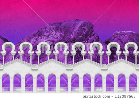 Surreal collage with elements classic architecture. Art poster, concept, zine cover. Antique cityscape Surreal collage with elements classic architecture. Art poster, concept, zine cover. Antique cityscape 112097663