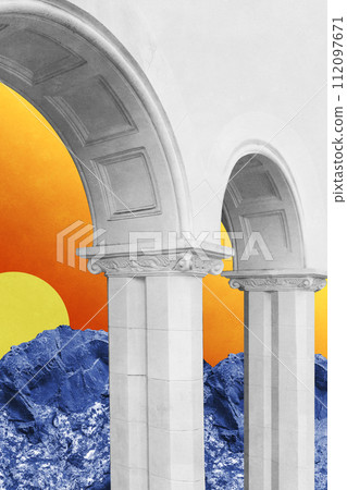 Surreal collage with elements classic architecture. Art poster, concept, zine cover. Antique cityscape 112097671