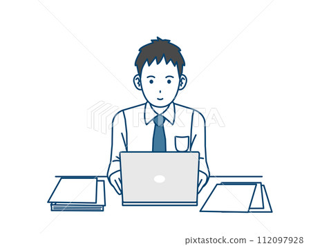 Illustration of a young male office worker working on a computer 112097928