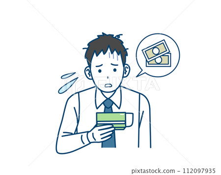 Illustration of a young office worker having trouble looking at his bankbook 112097935