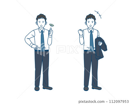 Illustration of a young office worker cheerfully doing a fist pump 112097953