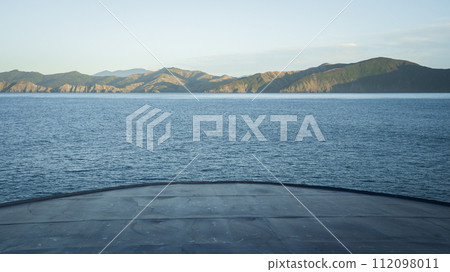 View of the bow of big transport ship approaching the land during sail, New Zealand View of the bow of big transport ship approaching the land during sail, New Zealand 112098011