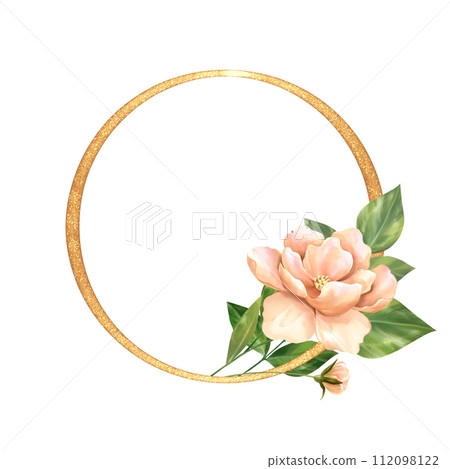 Watercolor flowers and gold round frame. 112098122