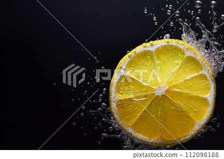 AI-generated content. Circle of lemon in droplets of water on a black background. Copy space. 112098188