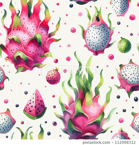 Seamless dragon fruits pattern, watercolor pitaya background. Hand drawn summer tropic fruit texture. Seamless dragon fruits pattern, watercolor pitaya background. Hand drawn summer tropic fruit texture. 112098312