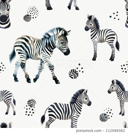 Cute watercolor zebra pattern. Vector simple seamless background for kids. 112098362