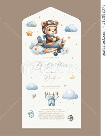 Cute baby shower watercolor invitation card with bear pilot on an airplane. Authors calligraphy. Cute baby shower watercolor invitation card with bear pilot on an airplane. Authors calligraphy. 112098375