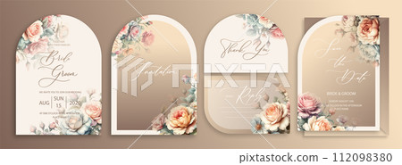 Luxury arch wedding invitation card background with garden watercolor botanical roses and leaves. Abstract floral art background vector design for wedding and vip cover template. 112098380