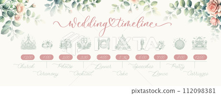 Wedding Timeline menu on wedding day with watercolor garden roses. 112098381