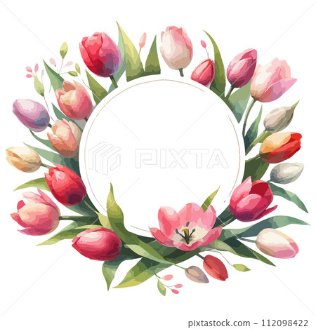 Round label with watercolor Spring tulips for woman day, easter, 8 march Round label with watercolor Spring tulips for woman day, easter, 8 march 112098422