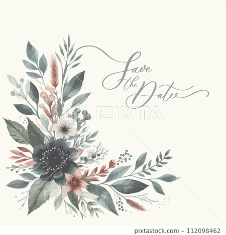 Wedding watercolor round frame with elegant greenery botanical leaf and flowers. Save the date. Wedding watercolor round frame with elegant greenery botanical leaf and flowers. Save the date. 112098462