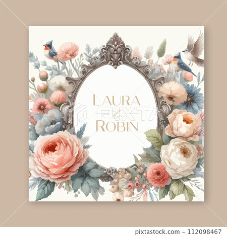 Wedding card template with elegant greenery botanical leaf, flowers and branch. Wedding card template with elegant greenery botanical leaf, flowers and branch. 112098467