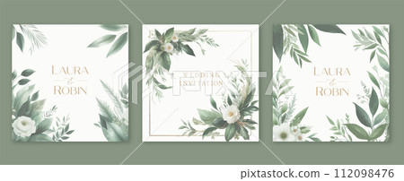 Wedding card template with elegant greenery botanical leaf and branch. 112098476