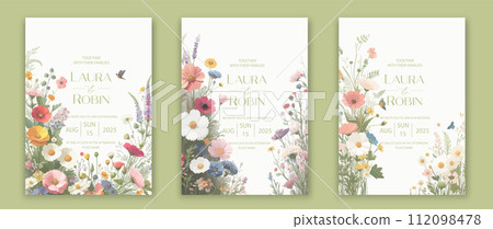 Wedding card template with wild herbs and flowers. 112098478