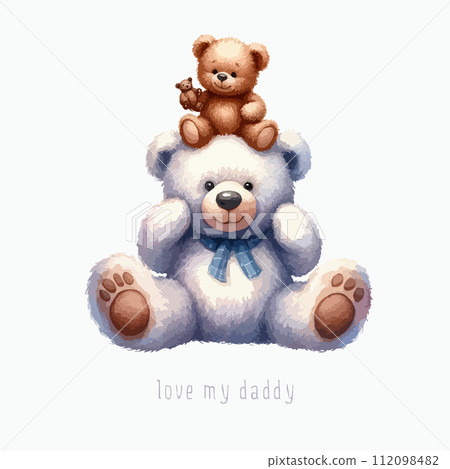 Cute childhood with father, happy dad bear with kid teddy on father shoulder, fathers day watercolor animal cartoon. Cute childhood with father, happy dad bear with kid teddy on father shoulder, fathers day watercolor animal cartoon. 112098482