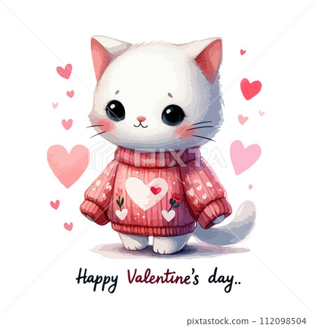 Watercolor Valentine's Day card, children's illustration with animal baby cat. 112098504