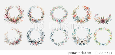 Set of Cute wreath with flowers, leaves and branches in vintage watercolor style. 112098544