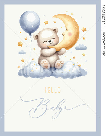 Cute baby shower watercolor invitation card with bear on cloud and stars. Hello baby calligraphy. 112098555