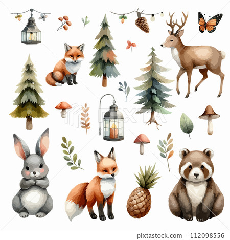 Set of Wild watercolor forest animals. Sticker with woodland wild animals, green trees, berries and plants. Bear, fox, bear, deer, squirrel, owl, hare, hedgehog. 112098556
