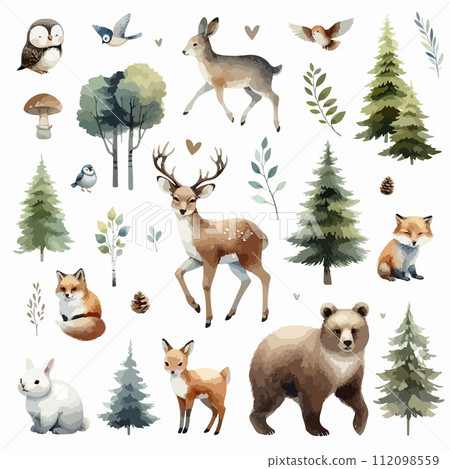 Set of Wild watercolor forest animals. Sticker with woodland wild animals, green trees, berries and plants. Bear, fox, bear, deer, squirrel, owl, hare, hedgehog. 112098559