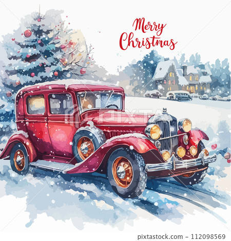 Merry Christmas and Happy New Year. Vector watercolor illustrations of red retro car, postcard, poster. 112098569