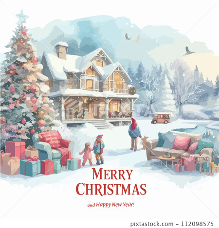 Merry Christmas and Happy New Year. Vector watercolor illustrations of a Christmas tree decorations for a background, postcard, poster. Merry Christmas and Happy New Year. Vector watercolor illustrations of a Christmas tree decorations for a background, postcard, poster. 112098575