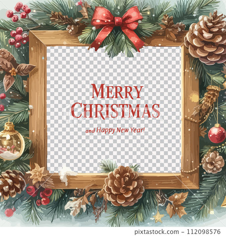 Watercolor frame of fir branches with pine cones. Merry Christmas lettering. 112098576