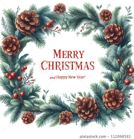 Watercolor frame of fir branches with pine cones. Merry Christmas lettering. 112098581