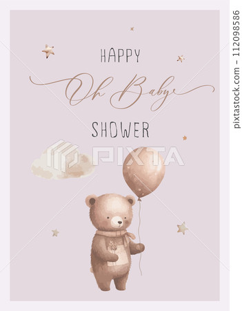 Baby shower vector card design. Watercolor bear with stars and balloon, modern brush calligraphy phrases - oh baby, hello baby. Invitation, greeting card, poster. 112098586