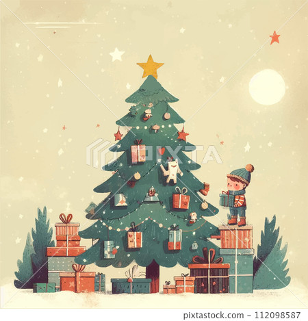 Happy New Year and Merry Christmas card. Cute vector illustration of a boy decorating the Christmas tree. Winter drawing for card, poster. 112098587