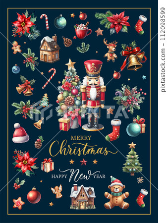 Watercolor Christmas greeting illustration with nutcracker. Big Christmas collection in Scandinavian style with traditional Christmas and New Year elements. 112098599