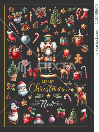 Watercolor Christmas greeting illustration with nutcracker. Big Christmas collection in Scandinavian style with traditional Christmas and New Year elements. Watercolor Christmas greeting illustration with nutcracker. Big Christmas collection in Scandinavian style with traditional Christmas and New Year elements. 112098600