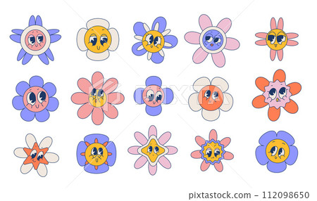 Groovy daisy flowers with groovy retro cartoon faces collection. Retro chamomile smiles in cartoon style. Happy stickers set. 70s Vector graphic illustration Groovy daisy flowers with groovy retro cartoon faces collection. Retro chamomile smiles in cartoon style. Happy stickers set. 70s Vector graphic illustration 112098650