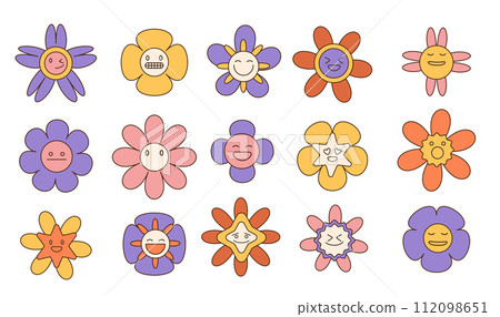 Groovy flower cartoon characters set. Funny happy daisy with linear eyes and smile. Sticker pack in trendy retro trippy style. Isolated vector illustration. Hippie 60s, 70s style. 112098651