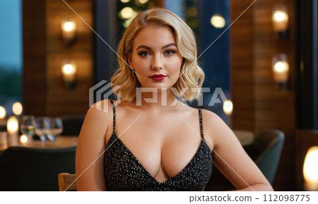 AI-generated content. Elegant blond woman with big breasts in an evening dress with decollete at the 112098775