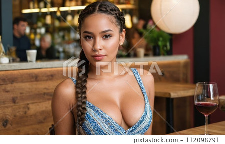 AI-generated content. Young pretty woman with braids and big breasts sitting in a cafe during the AI-generated content. Young pretty woman with braids and big breasts sitting in a cafe during the 112098791