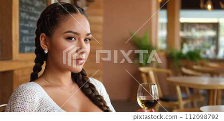 AI-generated content. Young pretty woman with braids and big breasts sitting in a cafe during the AI-generated content. Young pretty woman with braids and big breasts sitting in a cafe during the 112098792